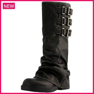 Women's Slouchy Knee High Boots Pull On Riding Biker Chunky Low Heel Platform
